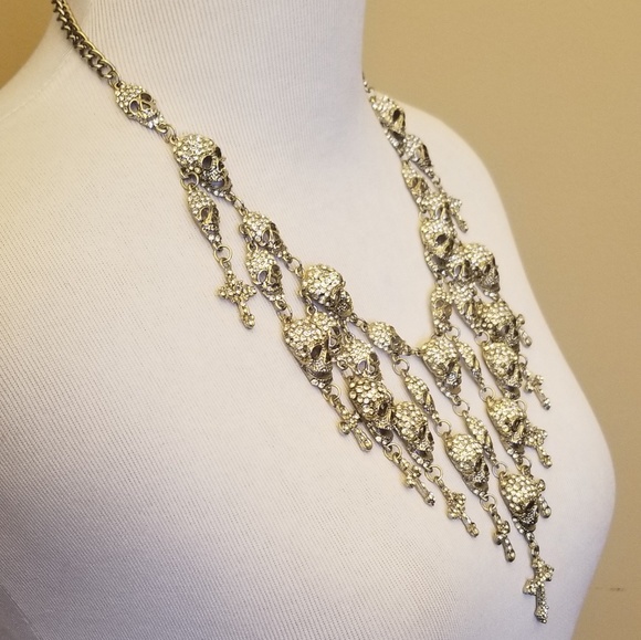 Multi Rhinestone Skull Fashion Necklace with Clasp - Picture 2 of 4